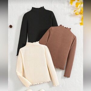 SHEIN Ribbed Lettuce-Edge Long Sleeve Top - Brown, Cream, Black